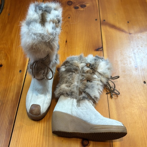 PAJAR 36 Fox Trot Winter Wedge Boots Zipper Rabbit Fur Shearling Tall Boots - Picture 1 of 15